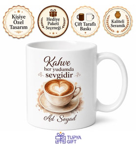 Latte Sanatı Çizimli Kalpli Kahve Köpüğü Görselli Kupa Bardak Hediye