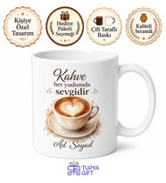 Latte Sanatı Çizimli Kalpli Kahve Köpüğü Görselli Kupa Bardak Hediye