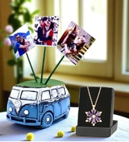 Kişiye Özel 3 Fotoğraflı Vosvos Saksı ve Gerçek Ametist Taşlı Lotus Kolye (Mavi)