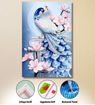 HONDEP Mavi Tavus Kuşu Elmas Boyama Seti 40x50 cm – Çiçekli Lüks Dekoratif Diamond Painting Tablo, Çıtaya Gerili