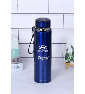 1 Litre Paslanmaz Çelik Araç Baskılı Termos  12 Saat Sıcak Soğuk Tutma  Dayanıklı Yapı (Mavi)