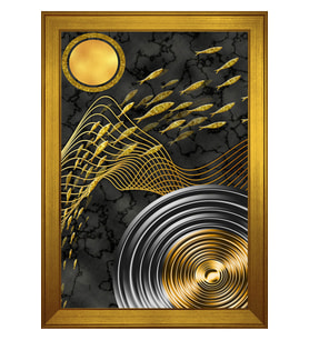 Balıklar ve Soyut Şekiller Motifli Kanvas Tablo 80 x 110 cm Gold Çerçeve