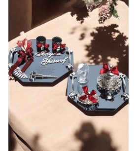 Affinity Sekizgen Gümüş Söz ve Nişan Tepsisi ile Damat Kahve Fincan Tepsisi (Kırmızı)