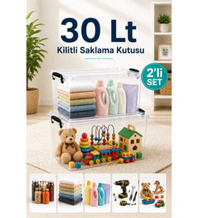 2'li 30 Lt Kilitli Saklama Kutusu Çok Amaçlı Kiler Erzak Hırdavat Deterjan Oyuncak Düzenleyici Organizer