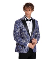 Işıltılı Sarmaşık Desenli Slim Fit Mavi Erkek Smokin Ceket - Wessi (Lacivert)
