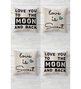 Love You To The Moon And Back Gizli Fermuarlı Kırlent Kılıfı Koltuk Yastık Kılıfı Takım(4adet) (Bej - Siyah)