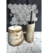 betonmall 2'li Set Mermer Desenli Beton Çöp Kovası Ve Tuvalet Fırçası Damla Model Banyo Aksesuarları Takımı
