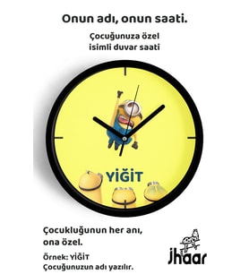 İsme Özel Sevimli Minyonlar Çocuk Odası Duvar Saati Orta Boy 30 cm Siyah Camlı Sessiz
