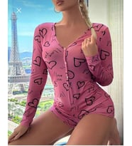Amora Secret Pamuklu Pembe Siyah Kalp Desenli Düğmeli Uzun Kol Tulum Pijama