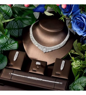 Vicente Zirkon Taşlı Takı Seti Kolye Küpe Bileklik Yüzük Set Düğün Nişan Seti (Silver)