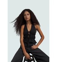 V Yaka Bağlamalı Bluz Rahat Şık Yazlık Örme Kumaş Zarifane Tasarım Modern Stil Ve (Siyah)