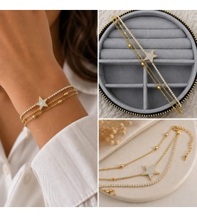 Premium Parlak Gold Renk Yıldız Figürlü Su Yolu Taş Detaylı Katmanlı Kadın Bijuteri Bileklik (22cm)