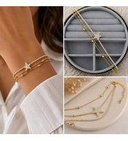 Premium Parlak Gold Renk Yıldız Figürlü Su Yolu Taş Detaylı Katmanlı Kadın Bijuteri Bileklik (22cm)