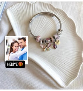 Pandora Model Charmlı Pembe Kristal Kelebek Kadın Çelik Bileklik Kişiselleştirilmiş Fotoğraf Hediyeli & Sevgiliye Anneye Ablaya Arkadaşa Doğum Günü Hediyesi