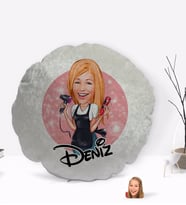 BK Gift Kişiye Özel İsimli Kadın Kuaför Karikatürlü Yuvarlak Dekoratif Kırlent Yastık-3