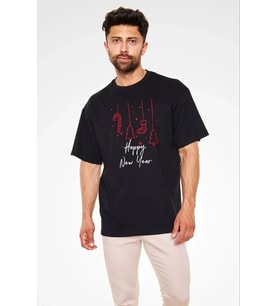 Unisex Bisiklet Yaka Baskılı Oversize T-Shirt - Siyah