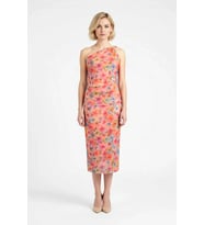 Kadın Büyük Beden Asimetrik Yaka Tek Kol Bodycon Maxi Tül Elbise Çiçek Desenli Günlük Rahat Modern