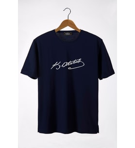 Erkek Lacivert Önü Atatürk İmza Baskılı Bisiklet Yaka Oversize T-Shirt 22Y-3400762-55
