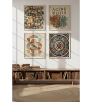 Retro Geometrik Desenler Dekoratif 4’lü Ahşap Çerçeveli Tablo Seti - Çalışma Odası Dekoru