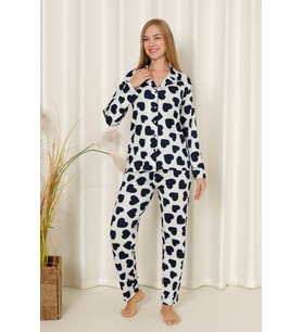 Mirano 9508 Kalpli Milan Yumuşak Kumaş Boydan Düğmeli Kadın Pijama Takımı (Beyaz - Lacivert)