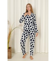 Mirano 9508 Kalpli Milan Yumuşak Kumaş Boydan Düğmeli Kadın Pijama Takımı (Beyaz - Lacivert)