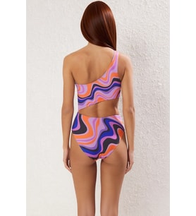 Kadın Mayokini Tek Omuz Cut Out Detaylı Balensiz Kaplı Regular Kesim Soyut Desenli Raşel Kumaş