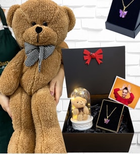 Büyük Boy Kahverengi Peluş Ayıcık ve Kelebek Kolyeli Fotoğraflı Hediye Kutusu - Premium Set (Model 7)