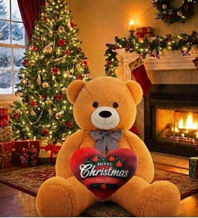 Christmas Temalı Kalp Yastık Hediyeli - Papyonlu Sevimli Peluş Şaşkın Ayı 80 cm - Sevgiliye Özel HEDİYE (Kahverengi) - Yılbaşı Özel