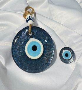 El Yapımı Hediyelik Dekoratif Nazar Boncuğu, Simli ve İpli, Lacivert 11 cm Cam Nazarlık ve Magnet