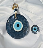 El Yapımı Hediyelik Dekoratif Nazar Boncuğu, Simli ve İpli, Lacivert 11 cm Cam Nazarlık ve Magnet