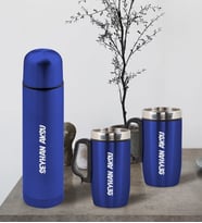 BK Gift Kişiye Özel Deri Çantalı Mavi Seyahat Termosu ve İkili Termos Mug Hediye Seti - 1