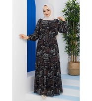 Büyük Beden Desenli Tesettür Şifon Elbise/Siyah