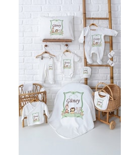 Pia Baby Premium Lüks Yenidoğan Erkek Bebek Hediyesi 11 Parça İsim Baskılı Set 5060-00 (Ekru)