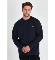 Erkek Lacivert Çift Bisiklet Yaka Baskı Detaylı Standart Rahat Kesim Sweatshirt
