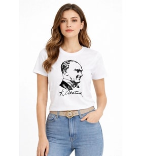 Echo Kadın Atatürk Baskılı Tişört Kısa Kollu Bisiklet Yaka T-Shirt - Beyaz