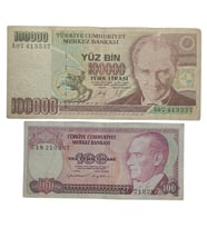 7. Emisyon 100.000 ve 100 Türk Lirası . Cumhuriyet Dönemi Koleksiyon Kağıt Para. Haliyle.