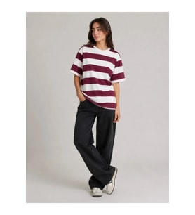 Çizgili Oversize Tişört Bisiklet Yaka Kısa Kol Yazlık T-Shirt - Bordo