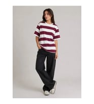 Çizgili Oversize Tişört Bisiklet Yaka Kısa Kol Yazlık T-Shirt - Bordo