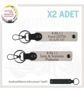 Motosiklet Maceracılarına İsim Plaka ve B Rh (-) Kan Grubu Yazılı Deri x2 Anahtarlık Seti, Pudra-Syh (Çok Renkli)