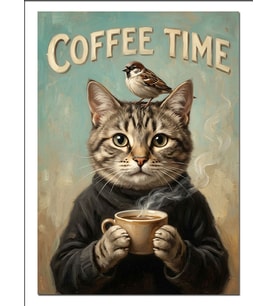 Coffee Time Kedisi Ve Serçe Dekoratif Kanvas - Mdf Ahşap Tablo