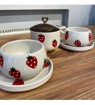 El Yapımı Seramik 2 Kişilik Şekerlik + Kupa Fincan Takımı (Kırmızı-Bej)