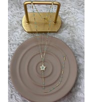 Premium Parlak Gold Renk Turkuaz Boncuklu Taşlı Yıldız Figürlü 316L Çelik Kadın Y Kolye (45cm)