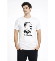 Erkek Atatürk Baskılı Tişört Kısa Kollu Bisiklet Yaka T-Shirt - Beyaz