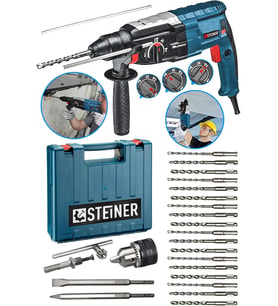 Steiner Alman 4000 Watt Profesyonel Kırıcı Delici Hilti Darbeli Matkap Gri + 20 Adet Uç + Mandren (Standart)