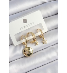 Pirinç Zirkon Taşlı Yıldız Ve Ay Model Gold Renk 3'lü Çift Kadın Küpe - SSSSSS8264-8