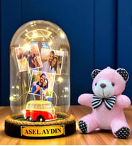 Sizlere Özel Led Işıklı Biblolu Fanus ve Pembe Peluş Ayıcıklı Anahtarlık (Model 6)
