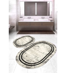 Dijital Baskılı Kaymaz Taban Yıkanabilir Oval 2'li Klozet Takımı Banyo Paspası NOKZ-HT-1271 (Krem)