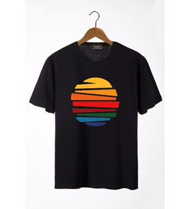 Erkek Siyah Güneş Baskılı Bisiklet Yaka Oversize T-Shirt 22Y-3400762-1