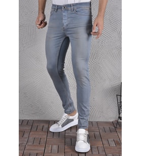 Erkek Jeans Skinny Fit Likralı Açık Mavi Eskitilmiş Görünümlü Dar Paça Kot Pantolon