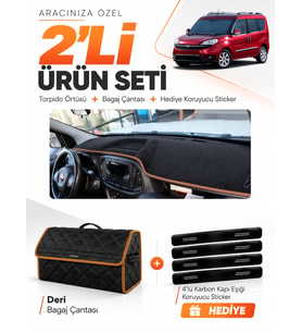 FİAT DOBLO TAM KAPALI (2015-2023) Uyumlu Torpido Örtüsü + Deri Bagaj Çantası + Sticker Seti - Siyah Kahverengi